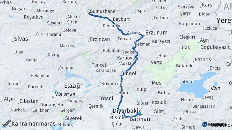 Batman Gümüşhane Arası Kaç Km - Yol Haritası