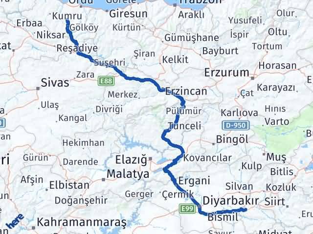 Batman Gürgentepe Ordu Arası Kaç Km - Yol Haritası