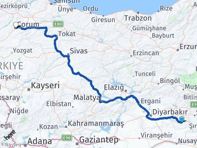 Batman Hasankeyf Çorum Arası Kaç Km - Yol Haritası