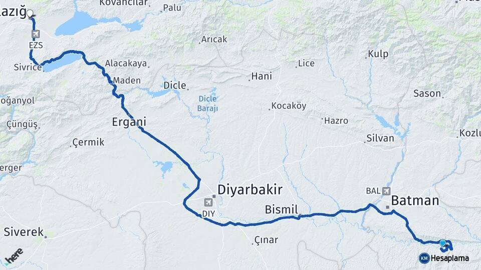 Batman Hasankeyf Elazığ Arası Kaç Km - Yol Haritası