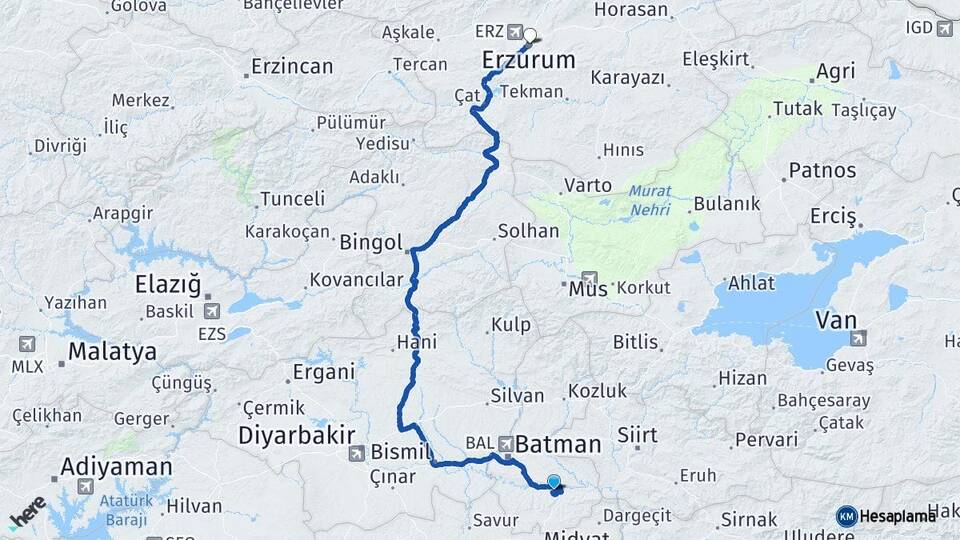 Batman Hasankeyf Erzurum Arası Kaç Km - Yol Haritası