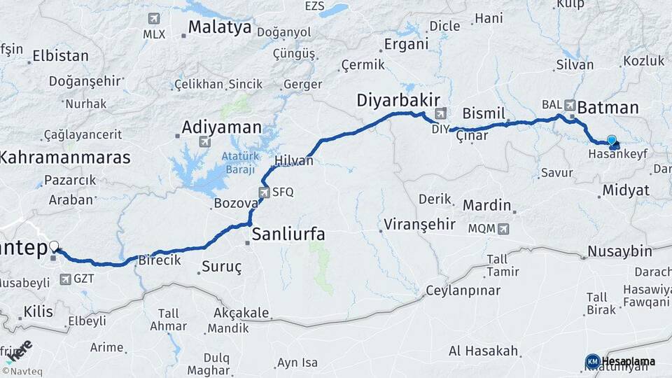 Batman Hasankeyf Gaziantep Arası Kaç Km - Yol Haritası