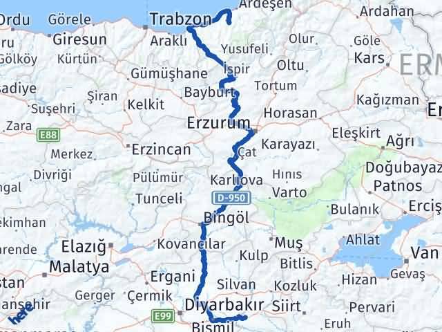 Batman Hemşin Rize Arası Kaç Km - Yol Haritası
