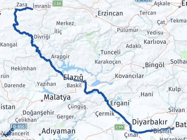 Batman İmranlı Sivas Arası Kaç Km - Yol Haritası