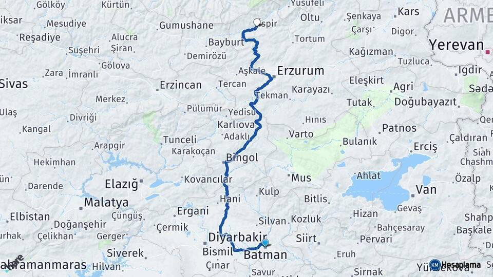 Batman İspir Erzurum Arası Kaç Km - Yol Haritası