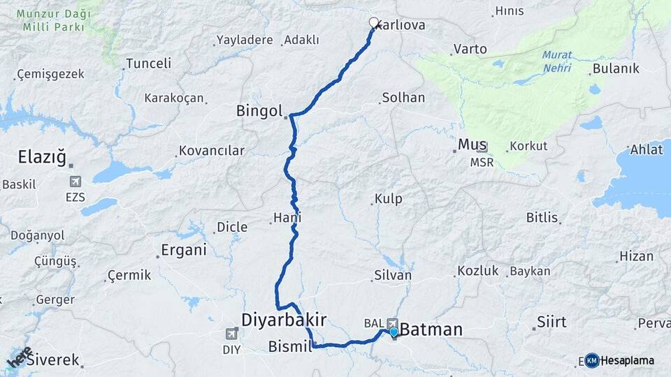 Batman Karlıova Bingöl Arası Kaç Km - Yol Haritası