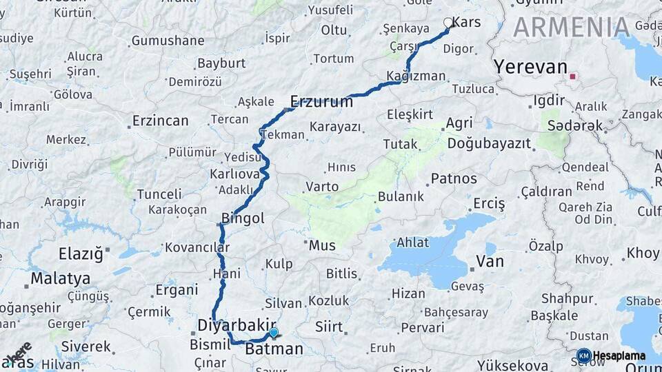 Batman Kars Arası Kaç Km - Yol Haritası