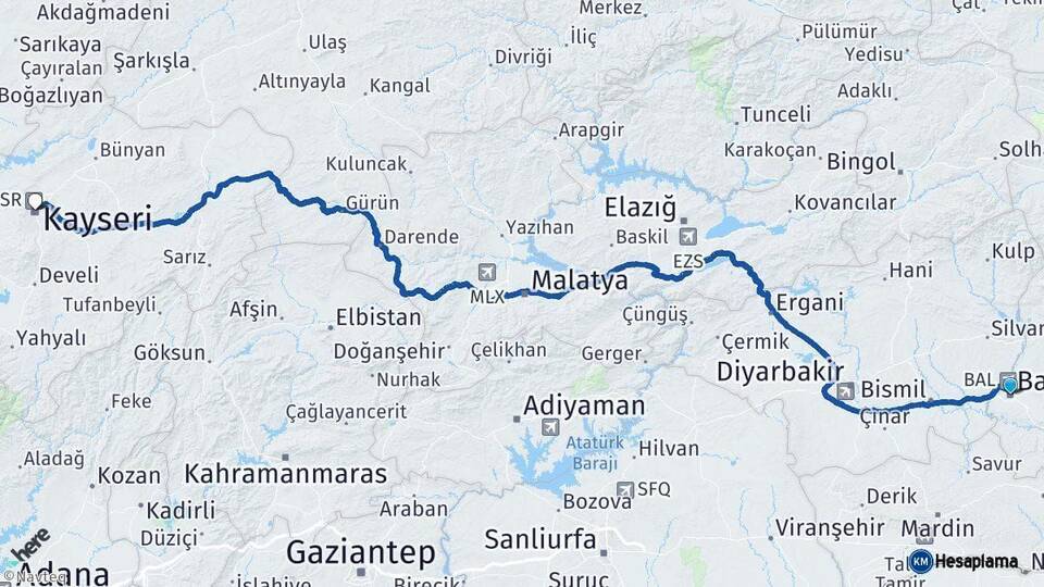 Batman Kayseri Arası Kaç Km - Yol Haritası