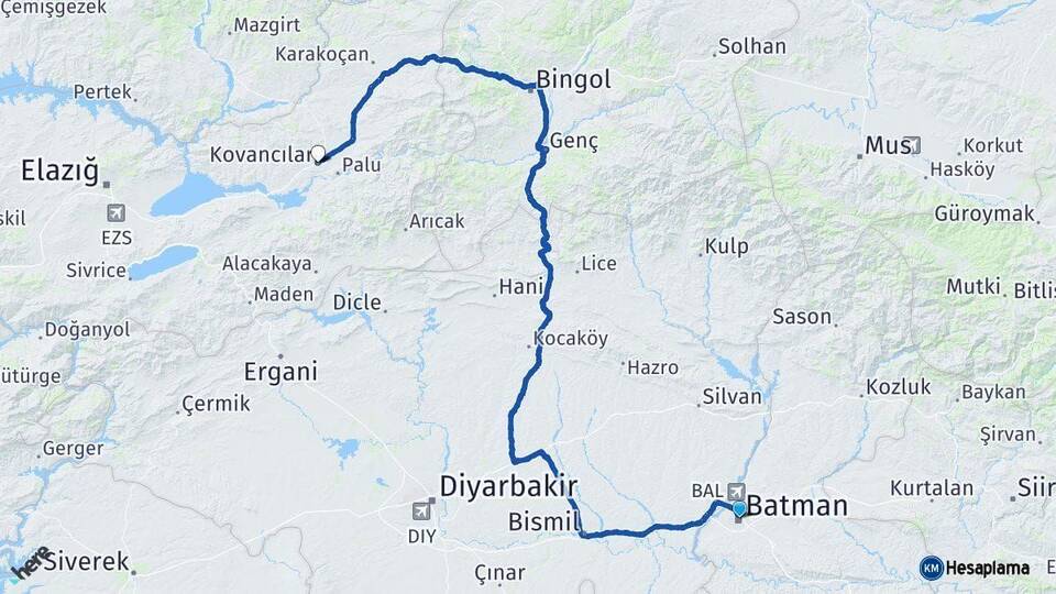 Batman Kovancılar Elazığ Arası Kaç Km - Yol Haritası