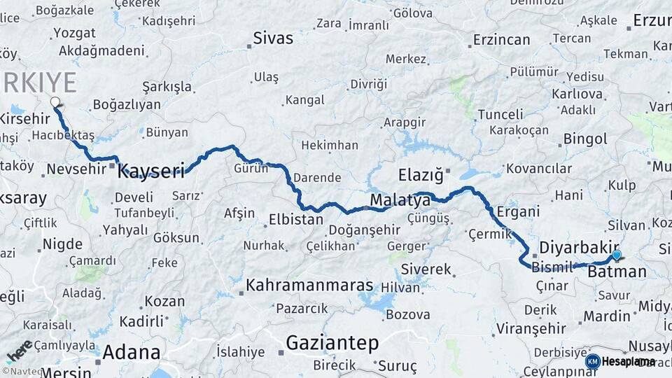 Batman Kozaklı Nevşehir Arası Kaç Km - Yol Haritası