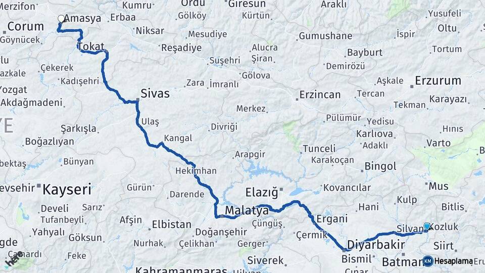 Batman Kozluk Amasya Arası Kaç Km - Yol Haritası