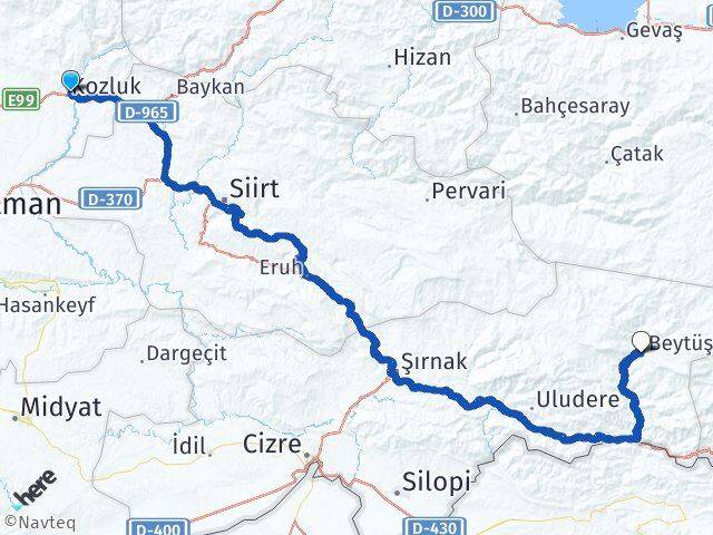 Batman Kozluk Beytüşşebap Şırnak Arası Kaç Km - Yol Haritası