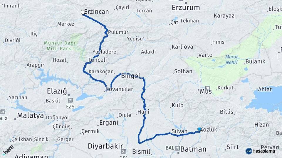 Batman Kozluk Erzincan Arası Kaç Km - Yol Haritası