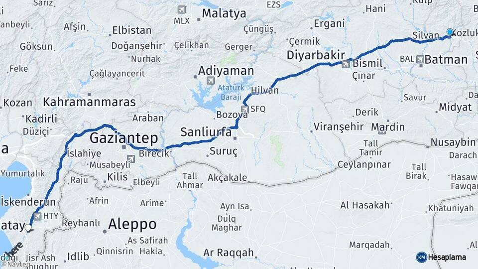 Batman Kozluk Hatay Arası Kaç Km - Yol Haritası