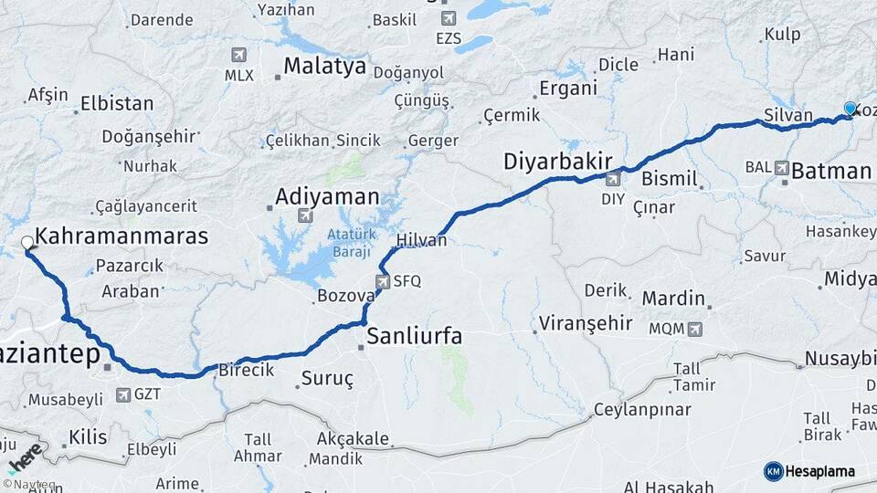 Batman Kozluk Kahramanmaraş Arası Kaç Km - Yol Haritası