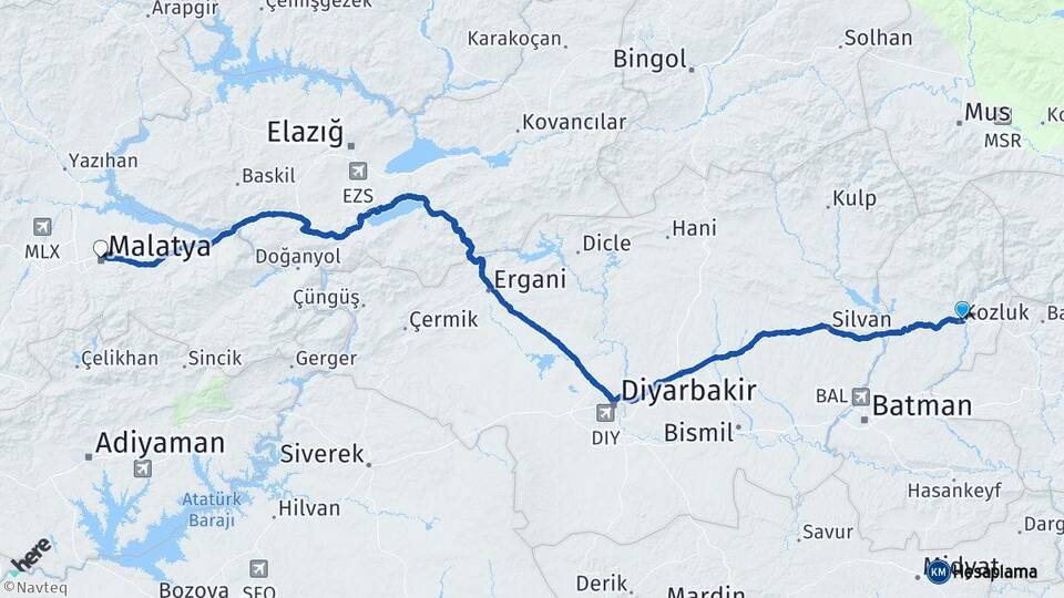 Batman Kozluk Malatya Arası Kaç Km - Yol Haritası