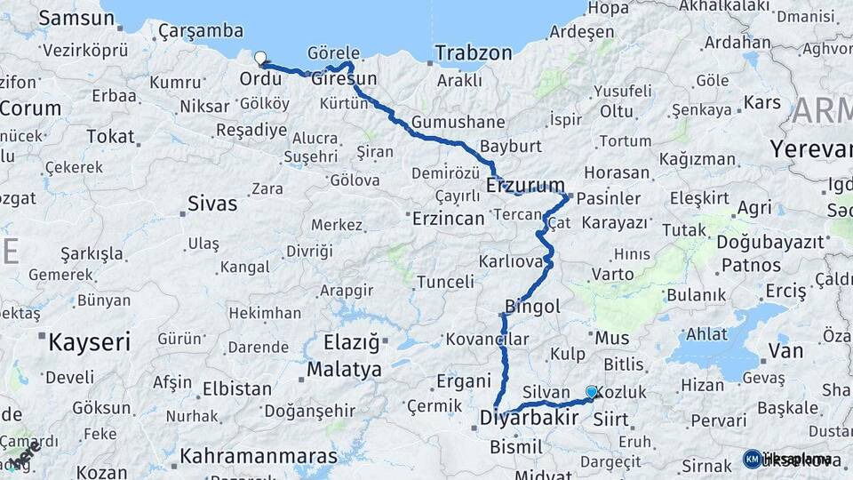 Batman Kozluk Ordu Arası Kaç Km - Yol Haritası