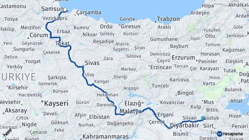 Batman Kozluk Samsun Arası Kaç Km - Yol Haritası
