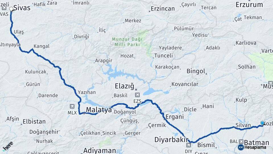 Batman Kozluk Sivas Arası Kaç Km - Yol Haritası