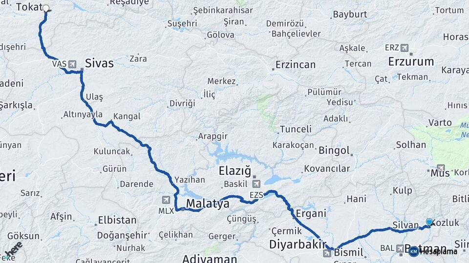 Batman Kozluk Tokat Arası Kaç Km - Yol Haritası