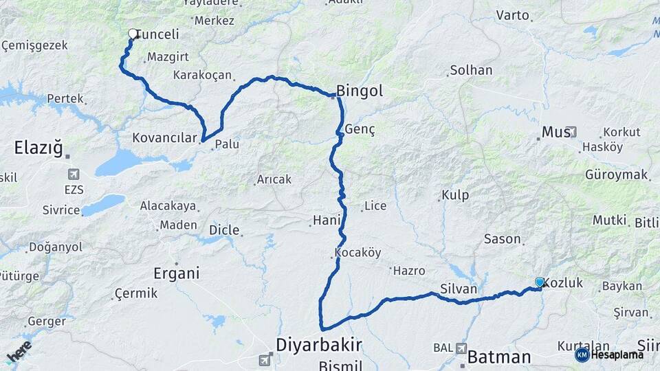 Batman Kozluk Tunceli Arası Kaç Km - Yol Haritası