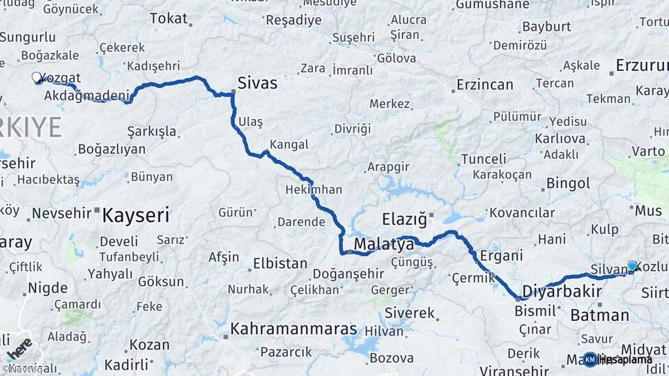 Batman Kozluk Yozgat Arası Kaç Km - Yol Haritası