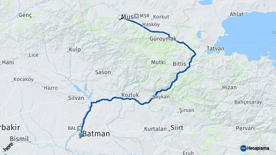Batman Muş Arası Kaç Km - Yol Haritası