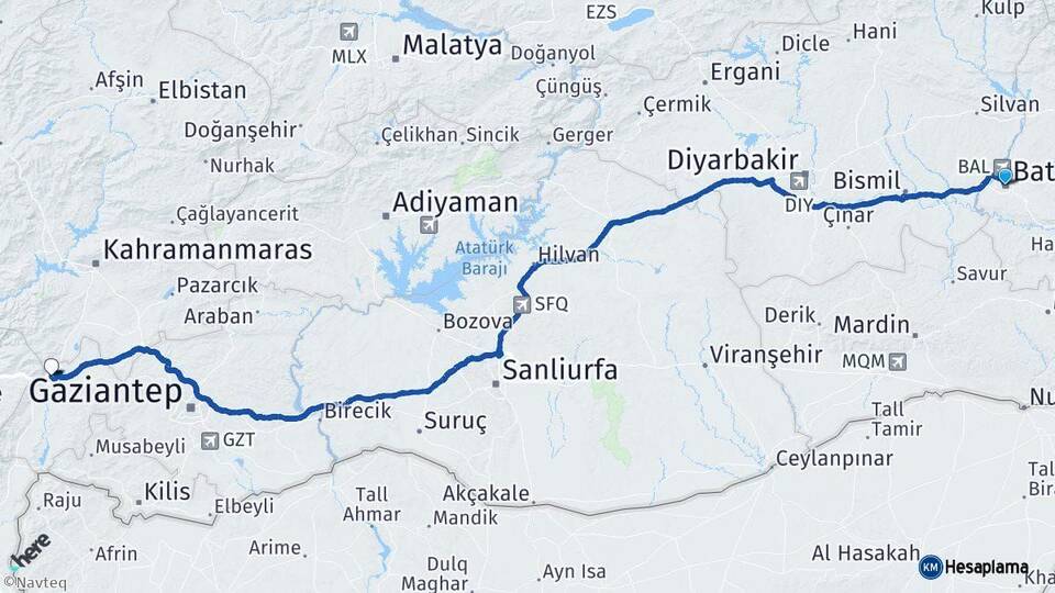 Batman Nurdağı Gaziantep Arası Kaç Km - Yol Haritası