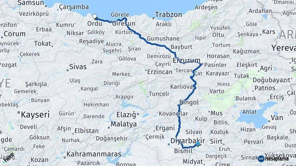 Batman Ordu Arası Kaç Km - Yol Haritası