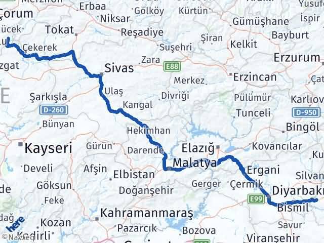 Batman Ortaköy Çorum Arası Kaç Km - Yol Haritası