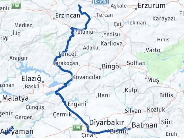 Batman Otlukbeli Erzincan Arası Kaç Km - Yol Haritası