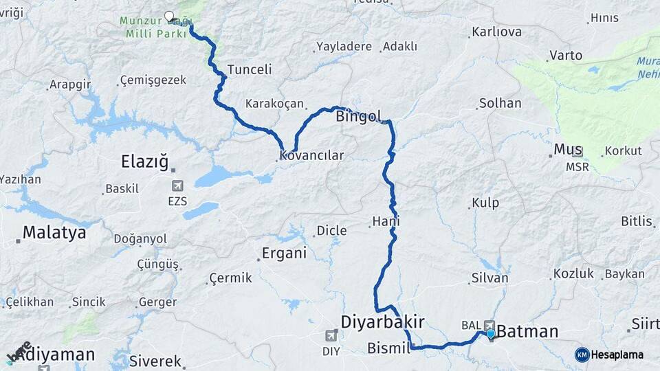 Batman Ovacık Tunceli Arası Kaç Km - Yol Haritası