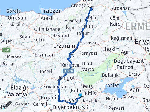 Batman Sason Artvin Arası Kaç Km - Yol Haritası