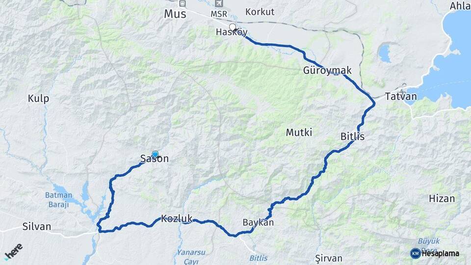 Batman Sason Hasköy Muş Arası Kaç Km - Yol Haritası