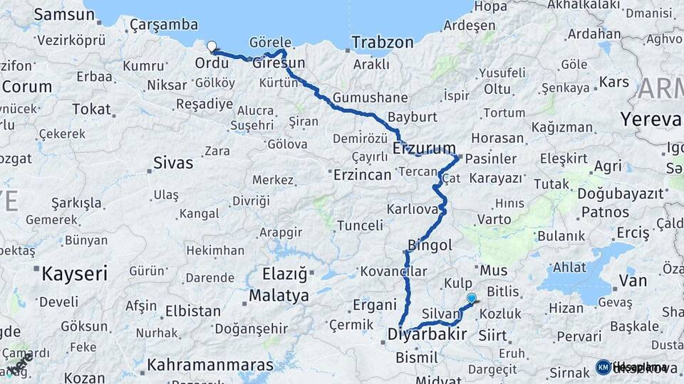 Batman Sason Ordu Arası Kaç Km - Yol Haritası