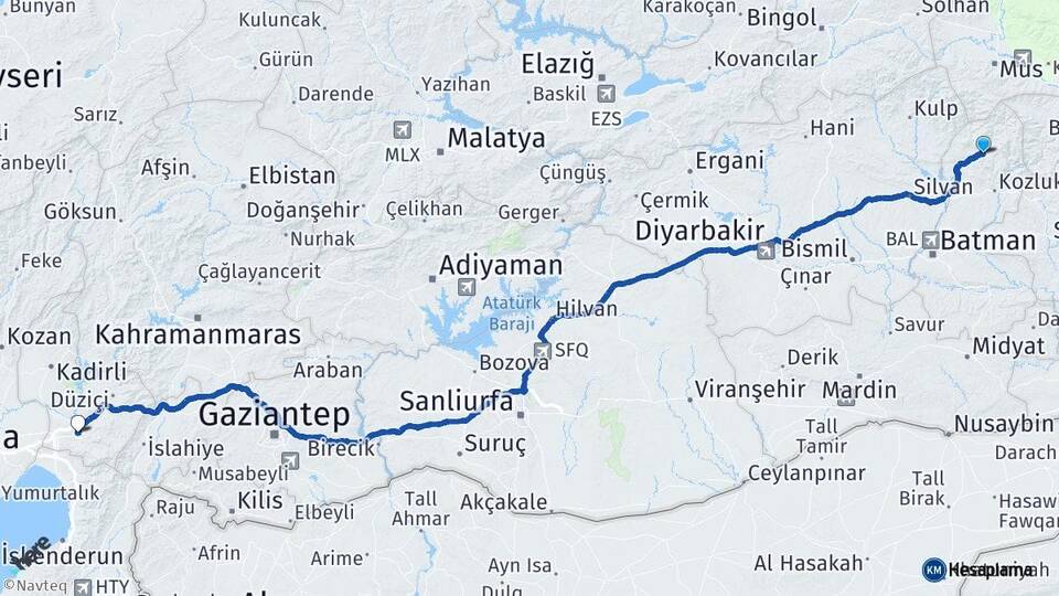 Batman Sason Osmaniye Arası Kaç Km - Yol Haritası