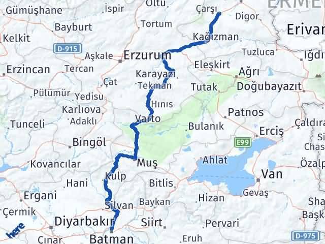 Batman Selim Kars Arası Kaç Km - Yol Haritası