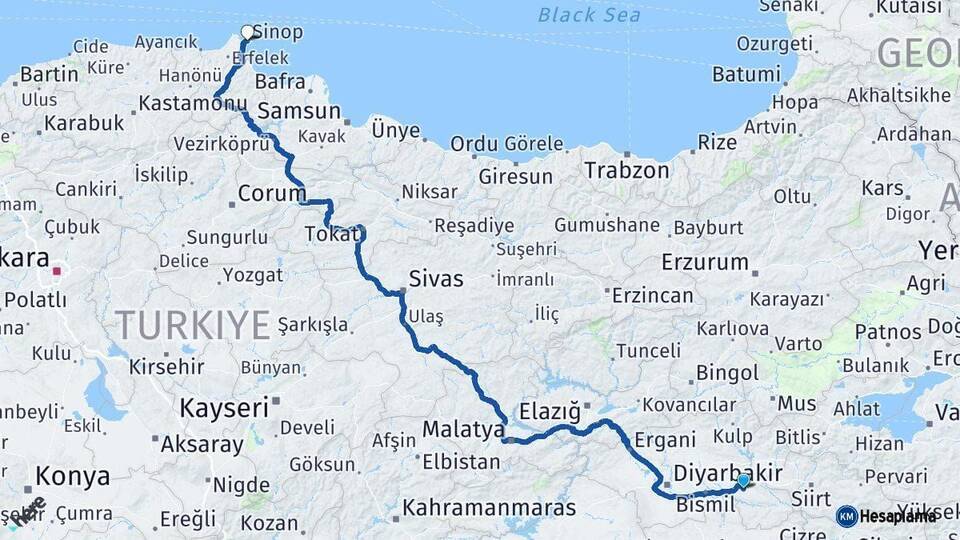Batman Sinop Arası Kaç Km - Yol Haritası