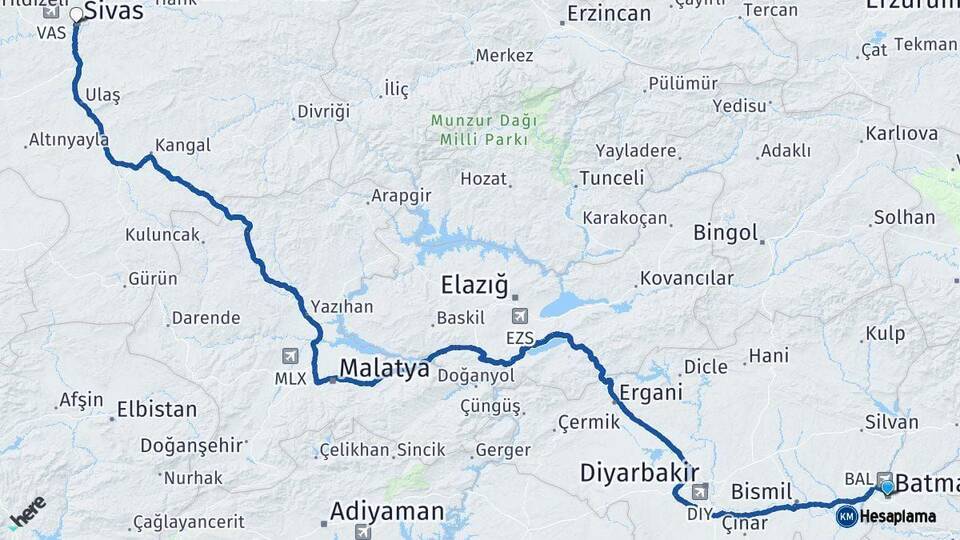 Batman Sivas Arası Kaç Km - Yol Haritası