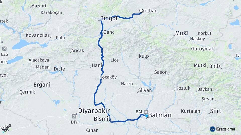 Batman Solhan Bingöl Arası Kaç Km - Yol Haritası