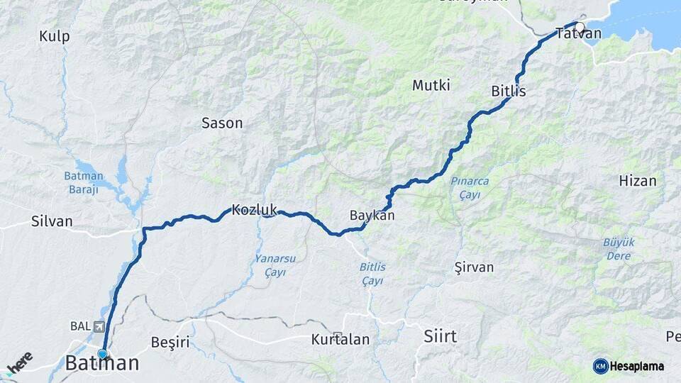 Batman Tatvan Bitlis Arası Kaç Km - Yol Haritası