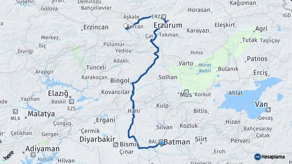 Batman Tercan Erzincan Arası Kaç Km - Yol Haritası