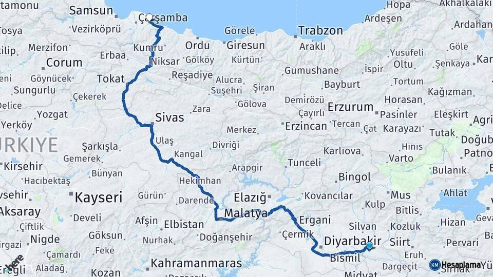 Batman Terme Samsun Arası Kaç Km - Yol Haritası