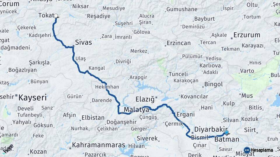 Batman Tokat Arası Kaç Km - Yol Haritası