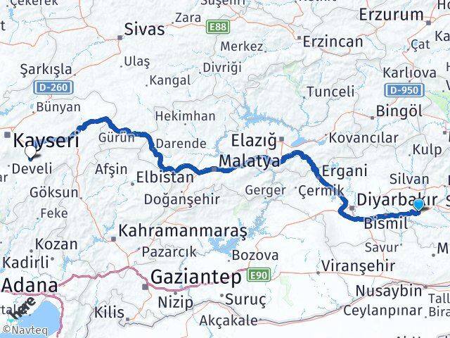 Batman Tomarza Kayseri Arası Kaç Km - Yol Haritası