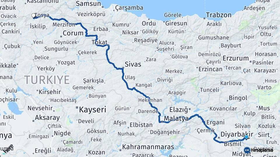 Batman Tosya Kastamonu Arası Kaç Km - Yol Haritası