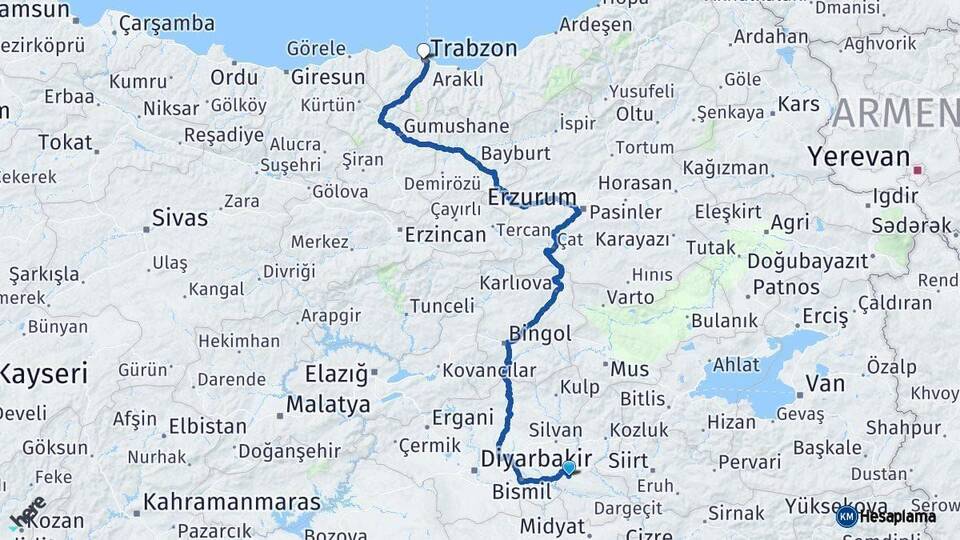 Batman Trabzon Arası Kaç Km - Yol Haritası