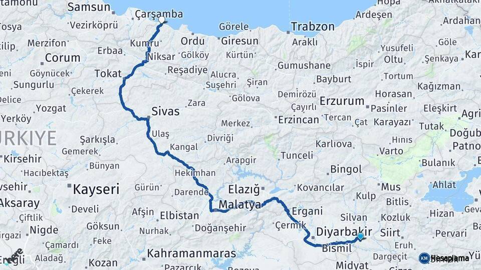 Batman Ünye Ordu Arası Kaç Km - Yol Haritası