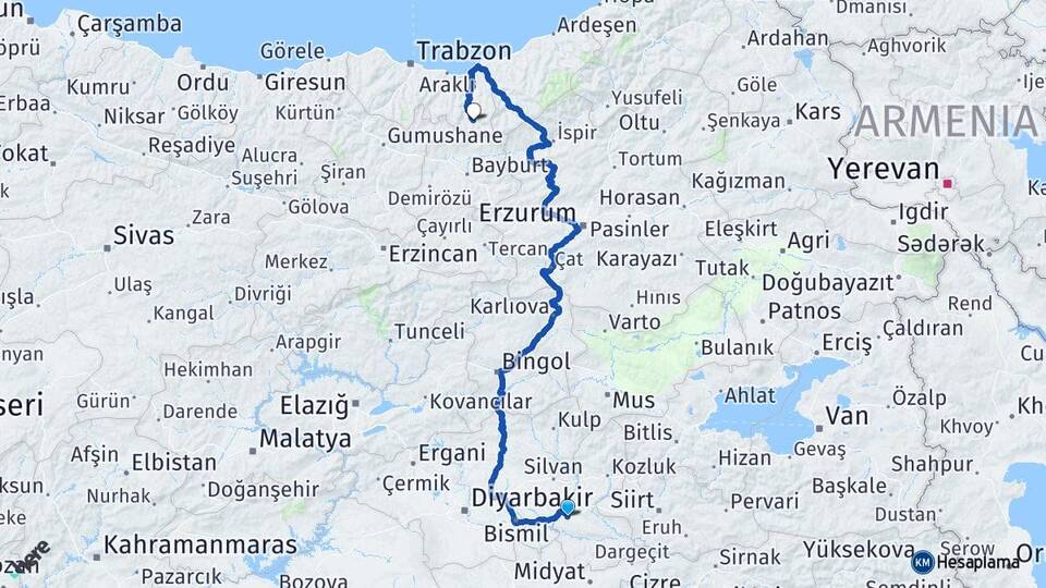 Batman Uzungöl Çaykara Trabzon Arası Kaç Km - Yol Haritası