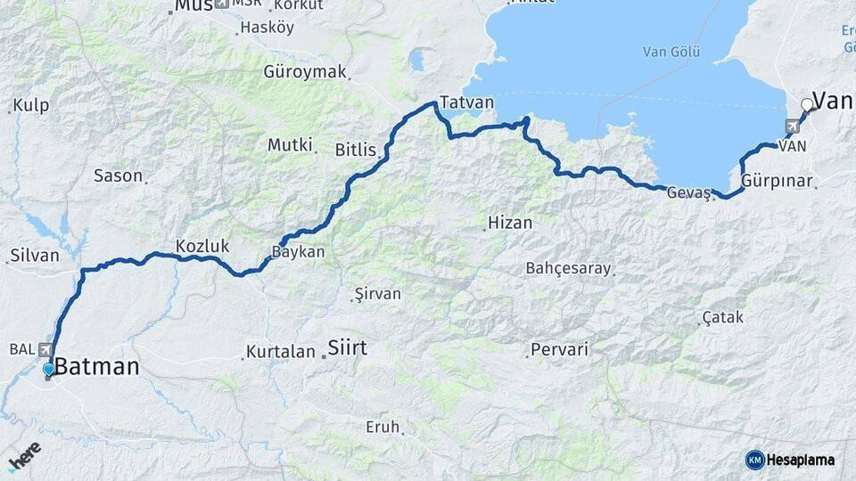 Batman Van Arası Kaç Km - Yol Haritası